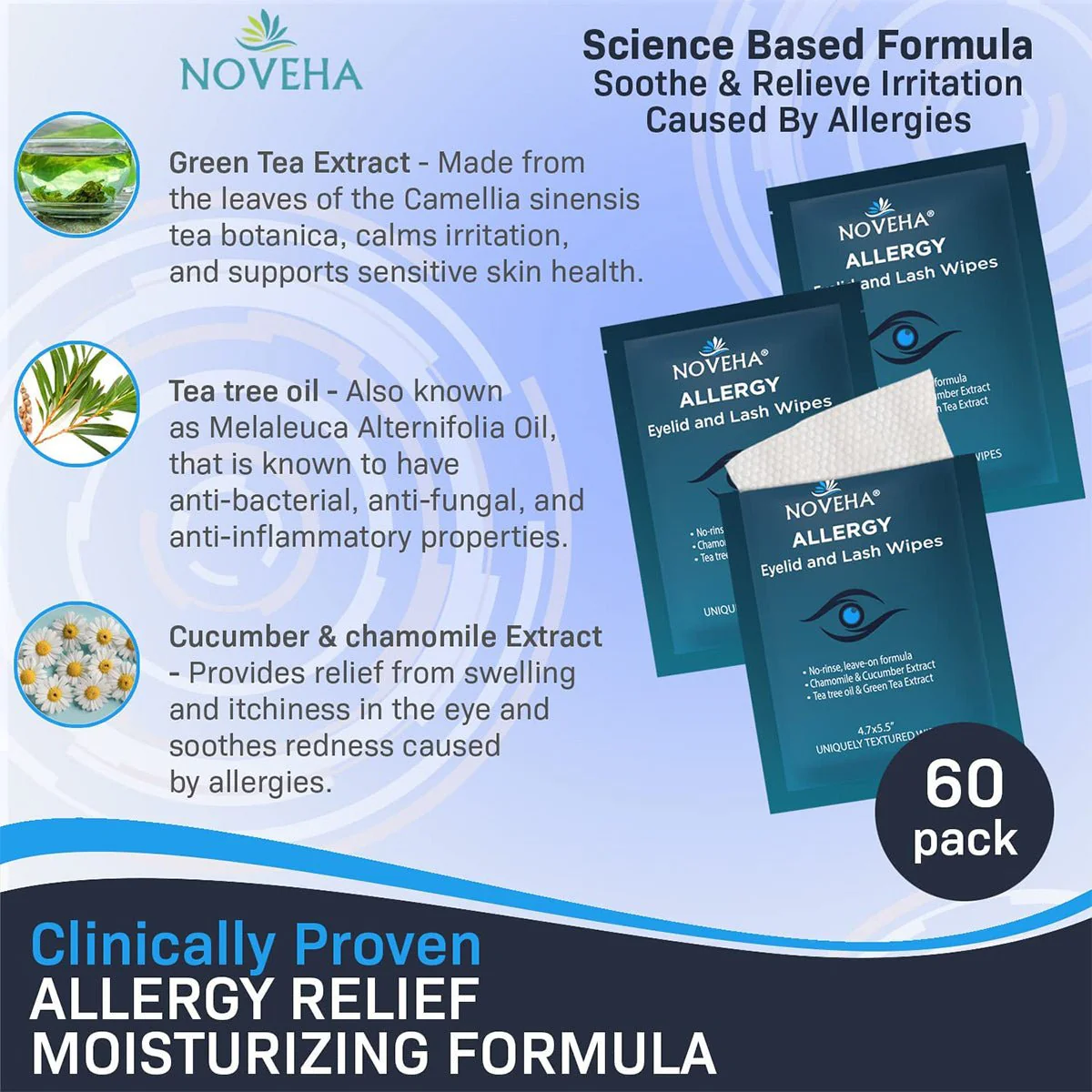 Noveha Allergy Relief Eyelid Wipes with Tea Tree Oil (60ct) - Image 3