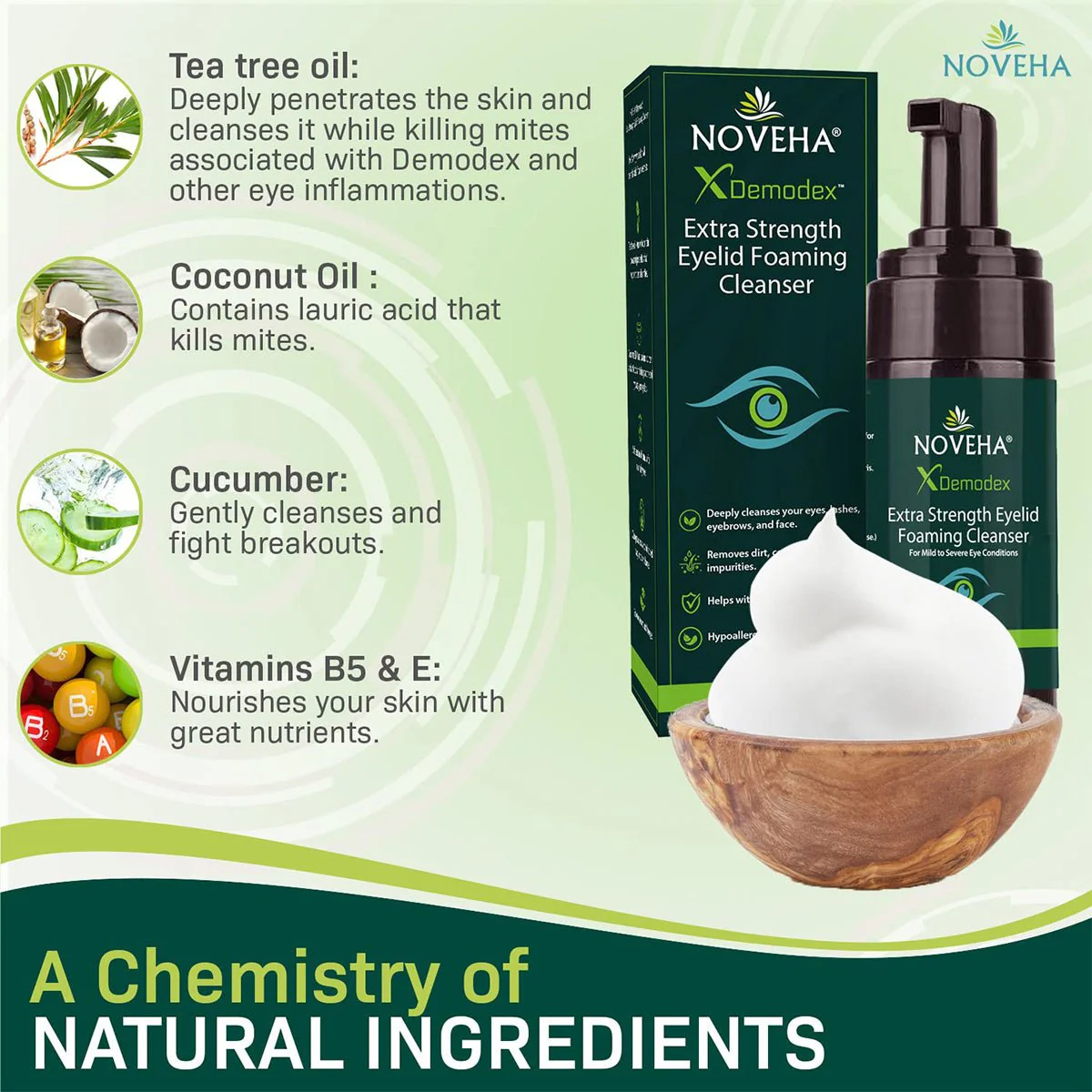 Noveha Demodex Eyelid Cleanser Foam, Extra Strength Tea Tree Oil Formula (100ml) - Image 2
