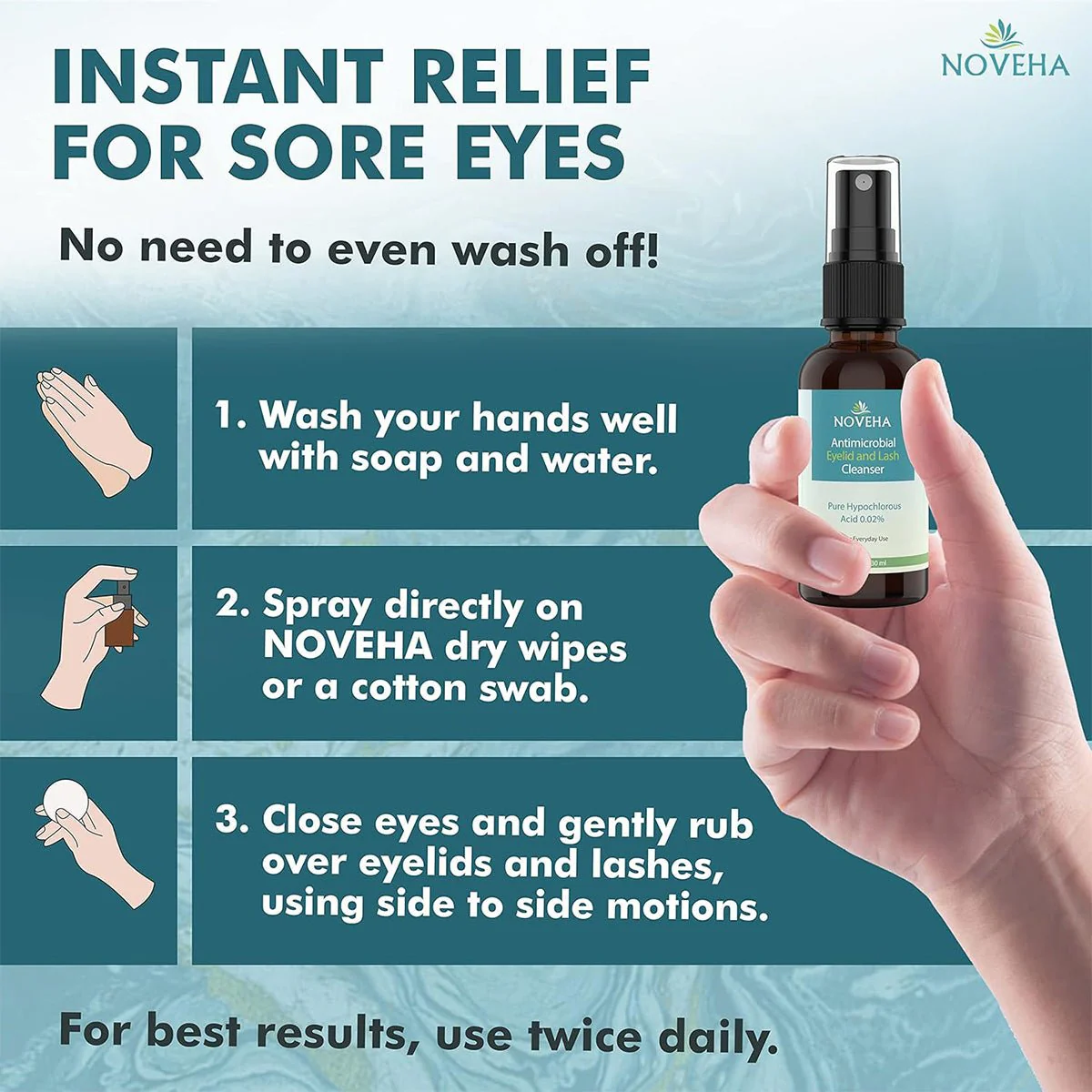 Noveha Hypochlorous Acid Eyelid and Lash Cleanser (30mL) - Image 2