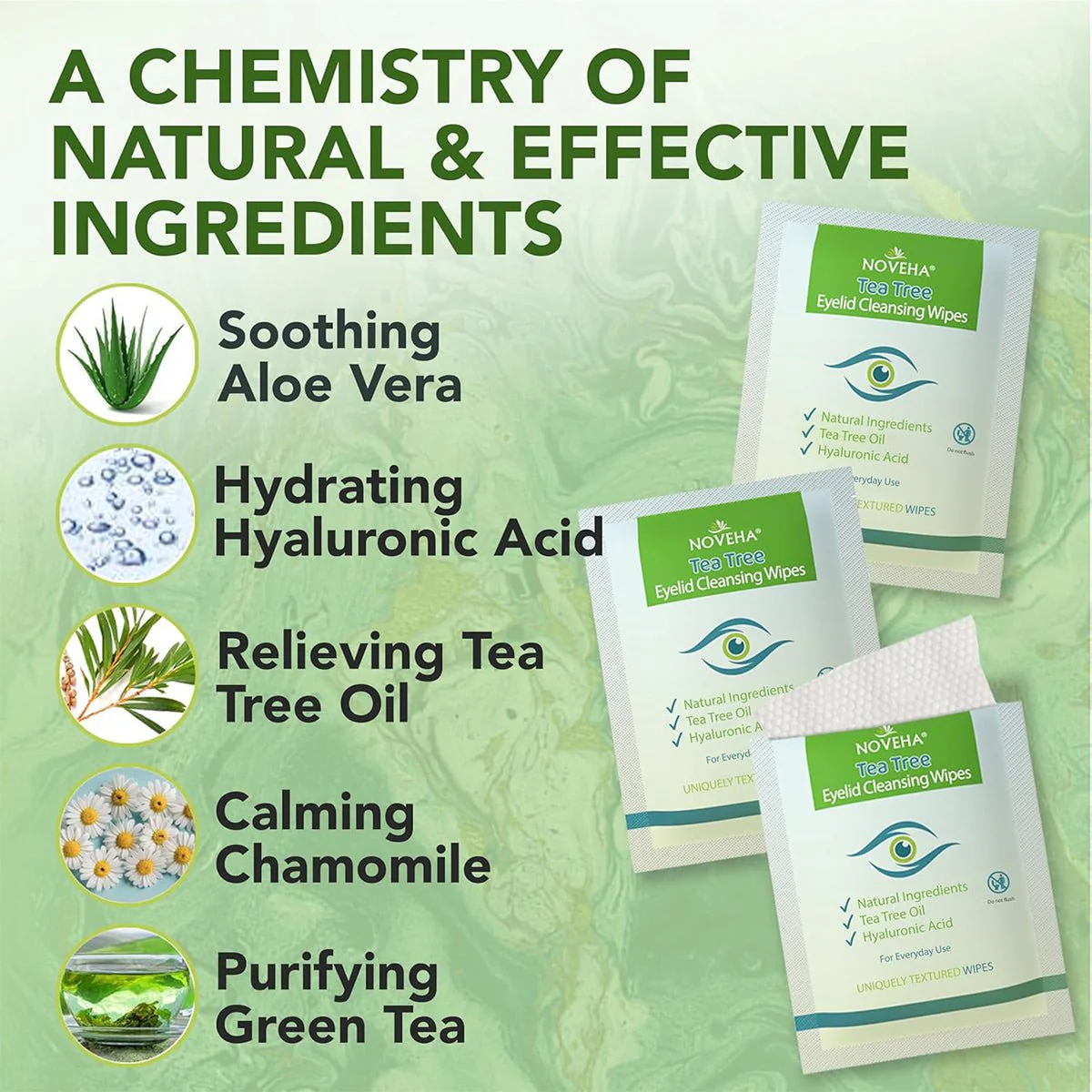 NOVEHA Tea Tree Oil Eyelid & Lash Wipes | With HA, Green Tea & Chamomile For Blepharitis, Itchy & Styes 60 Pcs - Image 4