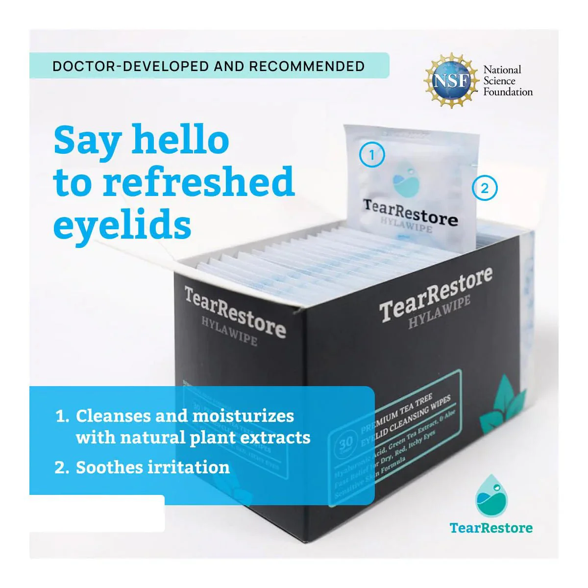 TearRestore HylaWipe Irritation-Free Tea Tree Eyelid Cleansing Wipes - Image 8