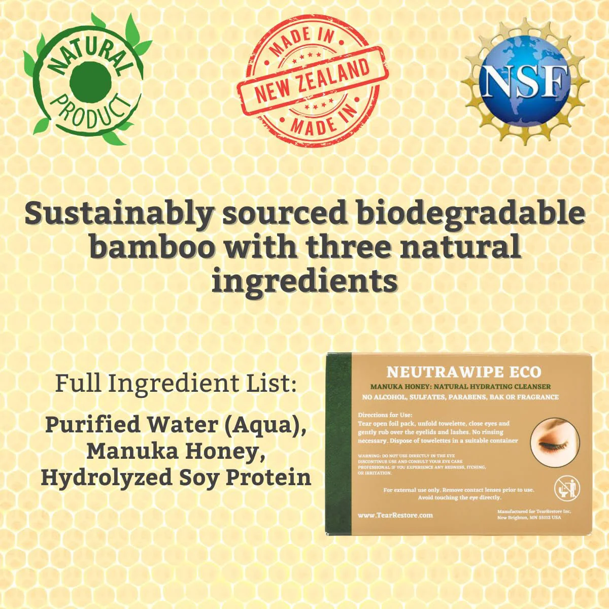TearRestore NeutraWipe Eco Manuka Honey Eyelid Wipes | Ultra-Soft Biodegradable Eyelash Cleanser (30 Count) - Image 5